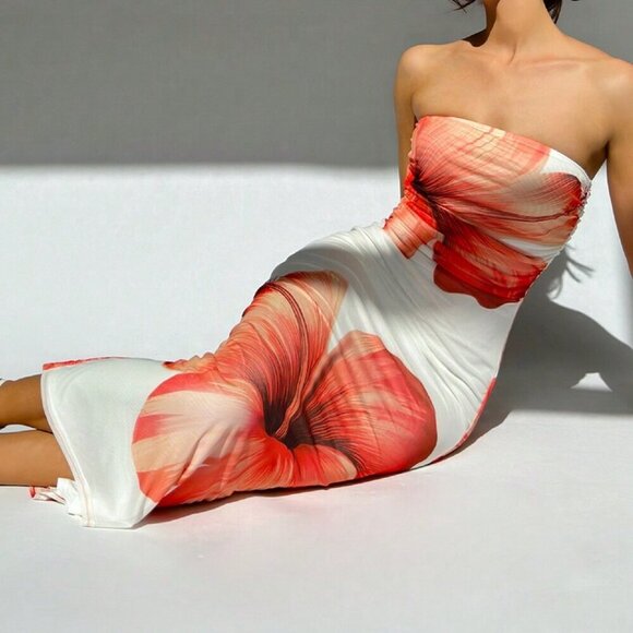 Multicolor Sexy Women's Romantic Date Strapless Printed Bodycon Dress - Picture 4 of 5